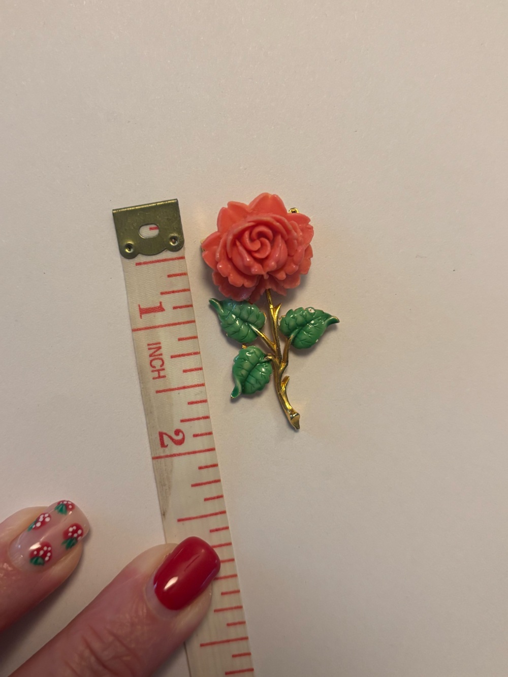 Coral Pink Rose and Green Leaf Gold-Tone Brooch
